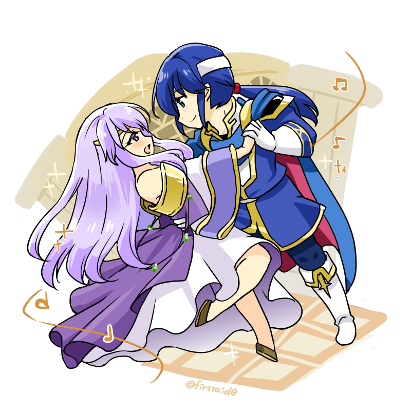 1boy 1girl blue_cape blue_hair brother_and_sister cape circlet dancing dress fire_emblem fire_emblem:_genealogy_of_the_holy_war headband jewelry julia_(fire_emblem) long_hair long_sleeves musical_note open_mouth ponytail purple_cape purple_hair seliph_(fire_emblem) siblings simple_background smile white_headband yukia_(firstaid0)