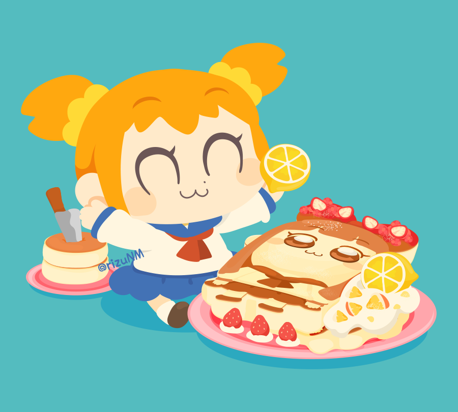 1girl :3 ^_^ aqua_background arms_up artist_name blue_sailor_collar blue_skirt blush blush_stickers brown_footwear character_food closed_eyes closed_mouth commentary_request cream food fruit hair_ornament hair_scrunchie holding holding_food holding_fruit kitchen_knife knife lemon long_sleeves neckerchief orange_hair pancake pipimi plate poptepipic popuko red_neckerchief rizu_(rizunm) sailor_collar school_uniform scrunchie serafuku shirt shoes short_hair short_twintails sidelocks simple_background sitting skirt smile socks solo strawberry twintails twitter_username white_shirt white_socks yellow_scrunchie