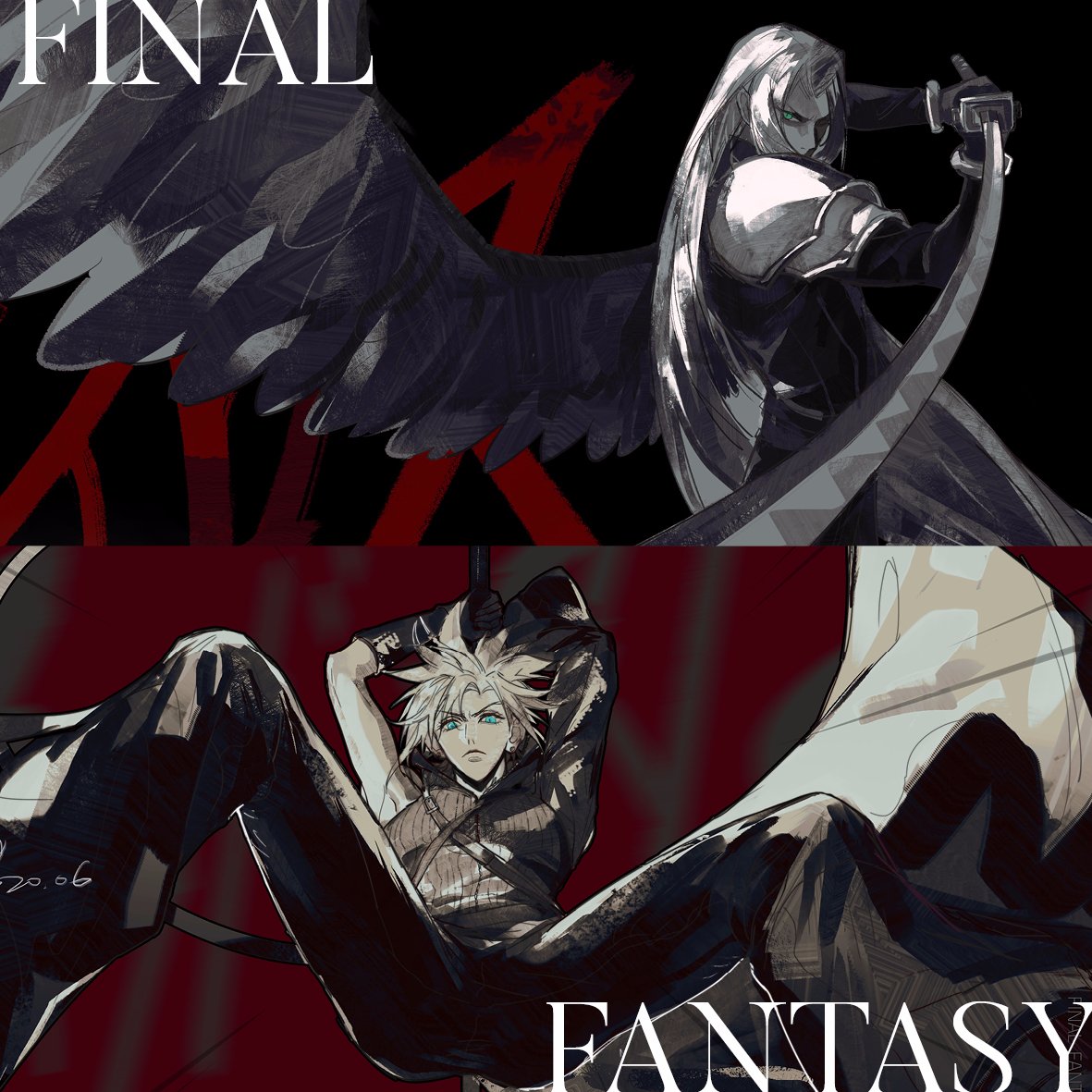 2boys armor arms_up asymmetrical_arms attack black_background black_coat black_gloves black_pants black_wings blonde_hair blue_eyes chest_strap chinese_commentary cloud_strife coat commentary_request elbow_gloves english_text feathered_wings fighting_stance final_fantasy final_fantasy_vii final_fantasy_vii_advent_children from_below glaring gloves green_eyes high_collar holding holding_sword holding_weapon incoming_attack jumping katana long_hair long_sleeves male_focus moyna multiple_boys pants pauldrons red_background sephiroth serious short_hair shoulder_armor single_wing sleeveless sleeveless_turtleneck slit_pupils spiky_hair sword turtleneck upper_body weapon white_hair wings