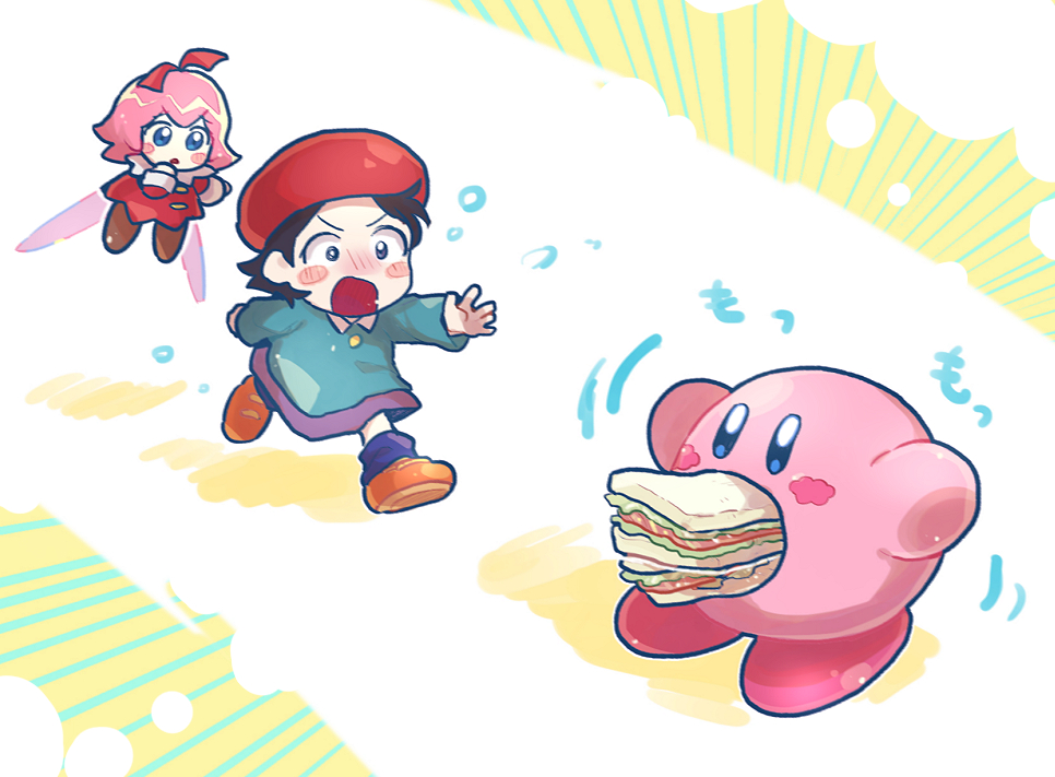 2girls :o adeleine arms_up beret black_eyes black_hair blue_eyes blue_socks blush blush_stickers brown_footwear chiimako collared_shirt commentary_request dress fairy fairy_wings flying food food_in_mouth green_shirt grey_skirt hair_between_eyes hair_ribbon hand_up hat kirby kirby_(series) kirby_64 long_sleeves looking_at_another motion_lines multiple_girls open_mouth outstretched_arm parted_bangs pink_hair reaching red_dress red_headwear red_ribbon ribbon ribbon_(kirby) running sandwich shirt shoes short_hair simple_background skirt socks v-shaped_eyebrows wavy_mouth white_background wide-eyed wings yellow_background