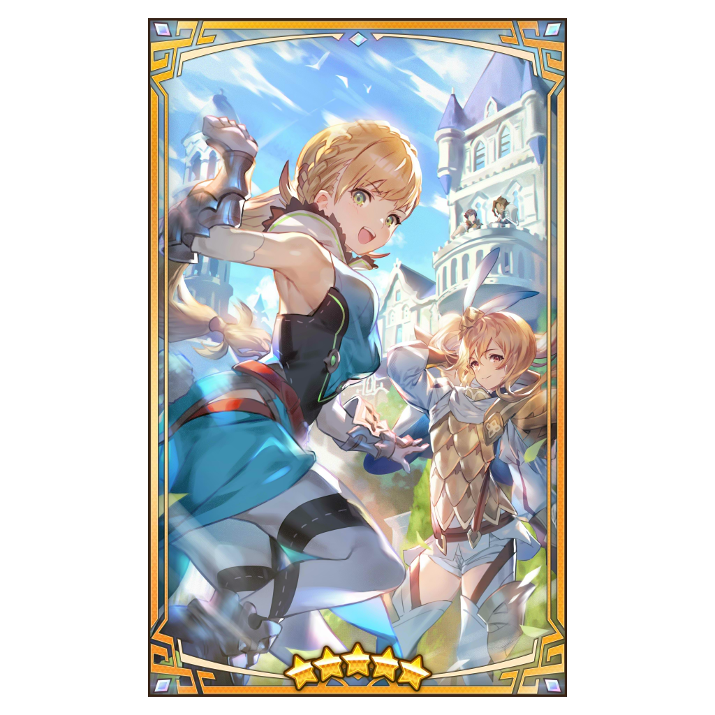 arm_behind_head armor balcony blonde_hair blue_sky castle chrom_(fire_emblem) clenched_hand clouds cloudy_sky cosplay costume_switch dragalia_lost elisanne fire_emblem fire_emblem_awakening fire_emblem_heroes green_eyes group_costume_switch looking_at_another looking_at_viewer official_art open_mouth pauldrons ranzal_(dragalia_lost) red_eyes sharena_(fire_emblem) shoulder_armor single_pauldron sky smile star_(symbol) u_u_zan