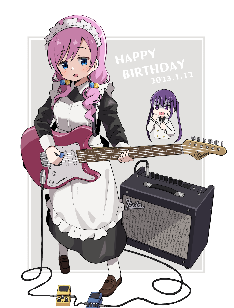2girls amplifier apron black_dress black_shirt blazer blue_eyes border breasts brown_footwear buttons collared_dress collared_shirt commentary_request cube_hair_ornament dated double-breasted dress electric_guitar frilled_apron frills full_body gochuumon_wa_usagi_desu_ka? grey_background guitar hair_between_eyes hair_ornament hairclip happy_birthday highres holding holding_guitar holding_instrument holding_plectrum instrument jacket karede_yura loafers long_hair long_sleeves looking_at_viewer low_twintails maid maid_apron maid_headdress medium_breasts mohei multiple_girls necktie open_mouth partial_commentary pink_hair plectrum purple_hair purple_necktie school_uniform shirt shoes sidelocks simple_background smile standing sweatdrop tedeza_rize tedeza_rize's_school_uniform twintails violet_eyes white_apron white_border