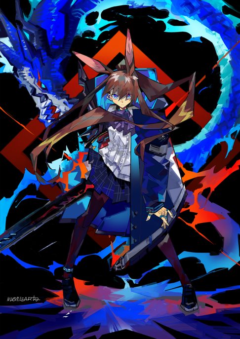 1girl amiya_(arknights) amiya_(guard)_(arknights) animal_ears anklet arknights artist_name ascot black_footwear black_jacket black_pantyhose blue_ascot blue_collar blue_eyes blue_skirt brown_hair collar dragon extra_ears full_body hair_between_eyes holding holding_sword holding_weapon jacket jewelry long_hair long_sleeves looking_at_viewer multiple_rings nuqelear open_clothes open_jacket pantyhose plaid plaid_skirt pleated_skirt ponytail rabbit_ears rabbit_girl red_pupils ring shirt shoes skirt solo standing sword thumb_ring very_long_hair weapon white_shirt