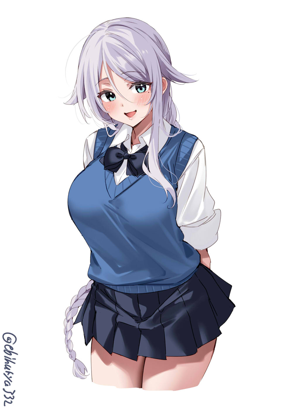 1girl blue_eyes blush braid breasts cowboy_shot cropped_legs dress_shirt ebifurya grey_hair hair_flaps highres kantai_collection large_breasts long_hair long_sleeves looking_at_viewer mole mole_under_eye one-hour_drawing_challenge open_mouth pleated_skirt school_uniform shirt simple_background single_braid skirt smile solo sweater_vest twitter_username umikaze_(kancolle) very_long_hair white_background