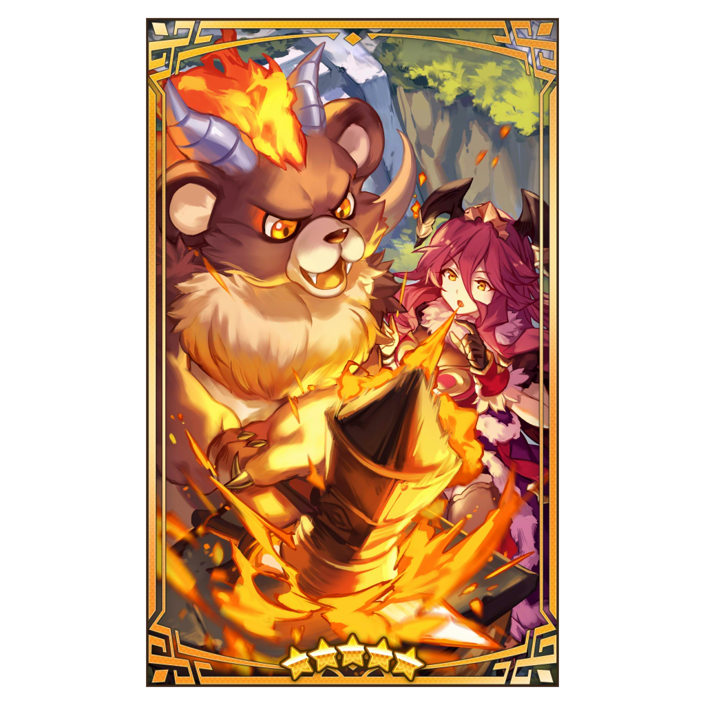 1boy 1girl animal_ears anvil arctos_(dragalia_lost) bear_boy bear_ears breathing_fire claws dragalia_lost dragon_girl dragon_horns fangs fiery_hair fire furry furry_male furry_with_non-furry hammer holding holding_hammer horns interspecies lee_hyeseung looking_at_object mym_(dragalia_lost) official_art open_mouth redhead star_(symbol) sword weapon