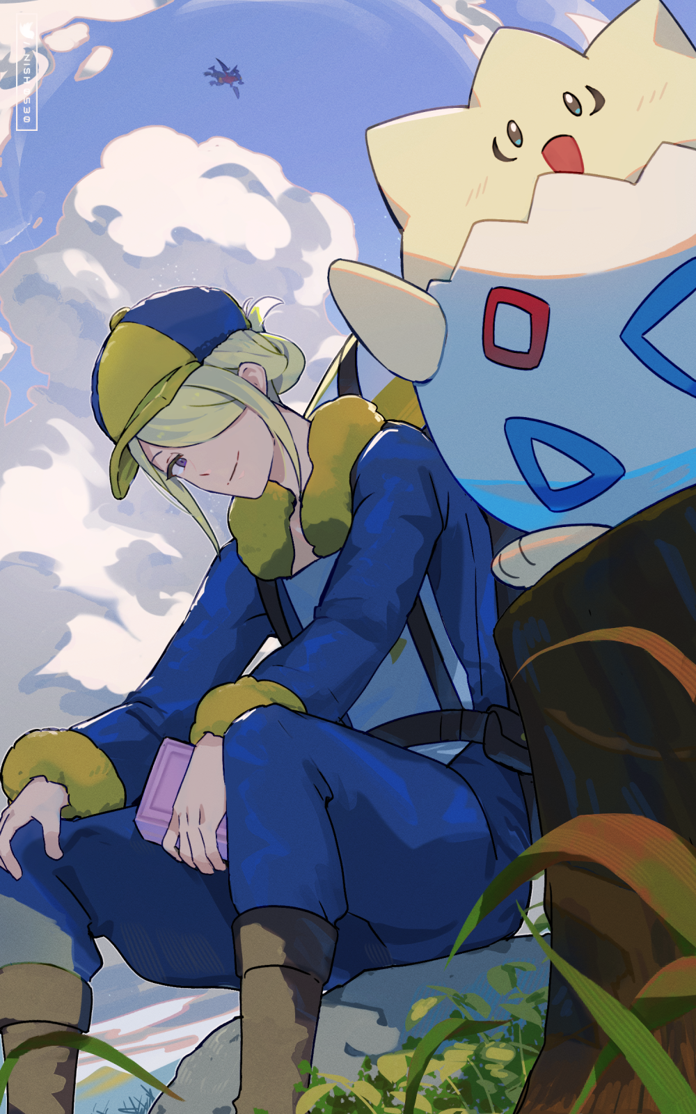 1boy blonde_hair blue_headwear blue_jumpsuit boots brown_footwear closed_mouth clouds commentary_request day from_below garchomp grey_eyes hair_over_one_eye hat highres holding hsin jumpsuit long_sleeves looking_down male_focus outdoors pokemon pokemon_(creature) pokemon_legends:_arceus sky smile togepi tree_stump volo_(pokemon)