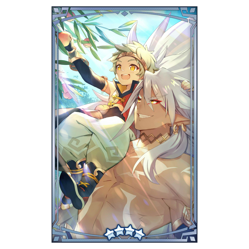 2boys abs artist_request black_footwear blue_sky carrying carrying_person detached_sleeves dragalia_lost ear_piercing earrings food fruit green_hair hand_on_another's_head holding holding_food holding_fruit jewelry light_rays looking_at_food male_focus mei_hou_wang multiple_boys official_art on_shoulder open_mouth peach pectorals piercing pointy_ears red_eyeliner sky smile star_(symbol) topless_male tree white_hair wu_kong_(dragalia_lost)