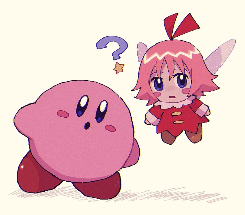 1girl 1other :o ? blue_eyes blush blush_stickers chiimako choppy_bangs dress fairy fairy_wings flying full_body hair_between_eyes hair_ribbon kirby kirby_(series) long_sleeves looking_at_viewer open_mouth pink_hair red_dress red_ribbon ribbon ribbon_(kirby) short_hair simple_background sparkle star_(symbol) white_background wings