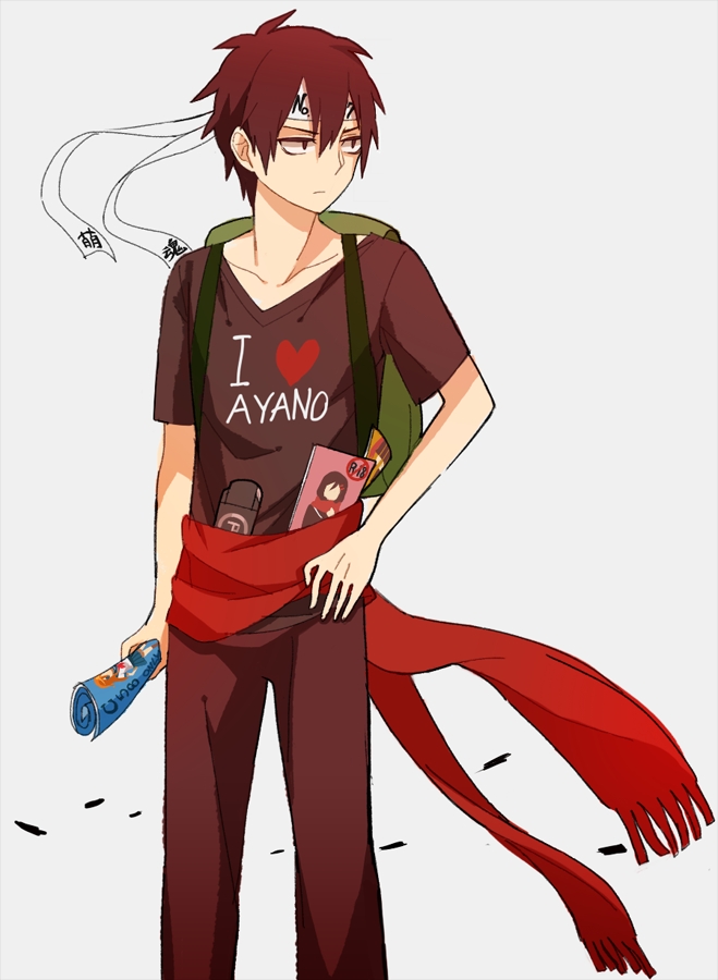 1boy backpack bad_id bad_pixiv_id bag black_eyes black_shirt book brown_hair brown_pants character_name closed_mouth clothes_writing collarbone double-parted_bangs english_text feet_out_of_frame fringe_trim green_bag hachimaki hand_on_own_hip headband heart heart_print holding kagerou_project kisaragi_shintarou kuroboshi_(pokemewchan) looking_to_the_side magazine_(object) male_focus nejiri_hachimaki no_symbol otaku pants pornography print_shirt red_scarf scarf serious shirt short_hair short_sleeves simple_background solo standing t-shirt tateyama_ayano turning_head v-neck white_background white_headband