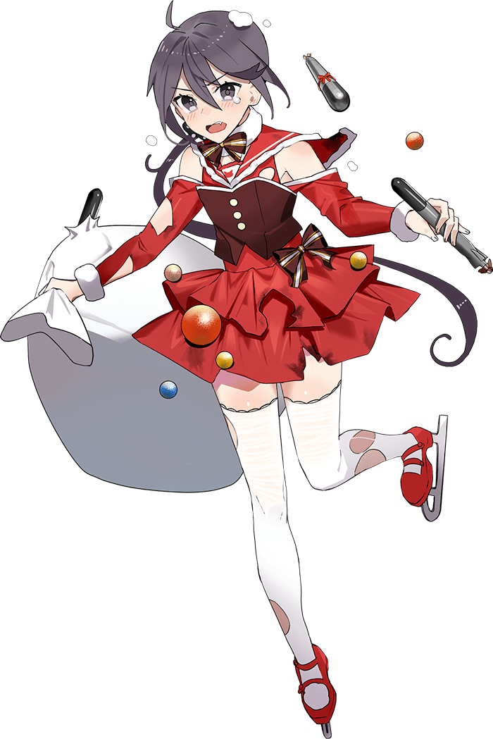 1girl akebono_(kancolle) christmas dress drew_(drew213g) full_body kantai_collection long_hair looking_at_viewer official_art open_mouth red_dress red_skirt sack side_ponytail skate skirt solo thigh-highs torpedo transparent_background very_long_hair