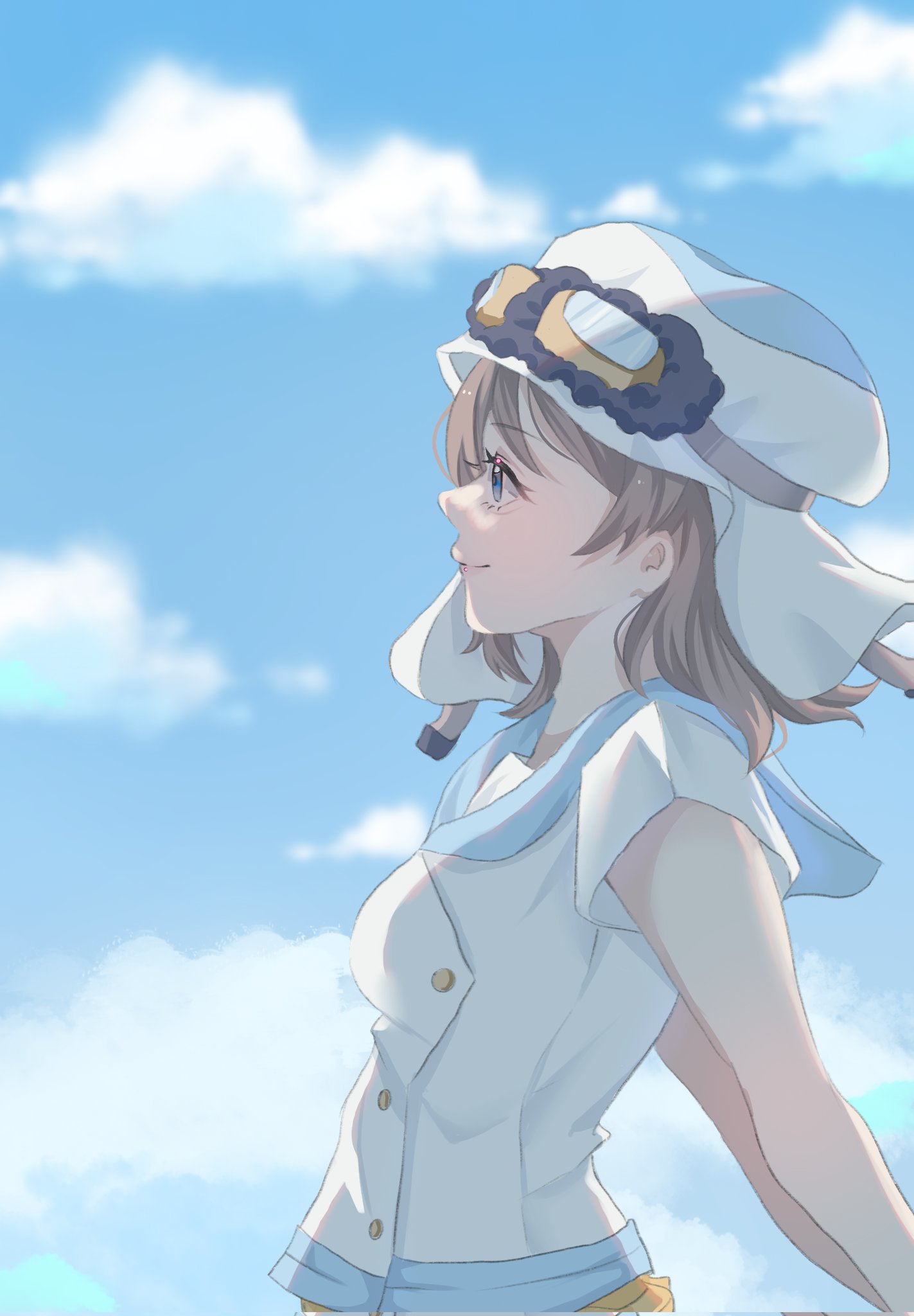 1girl blue_eyes blue_sky blush breasts brown_hair buttons clouds from_side goggles hat highres love_live! love_live!_sunshine!! short_hair sky solo sparklingvv1119 watanabe_you