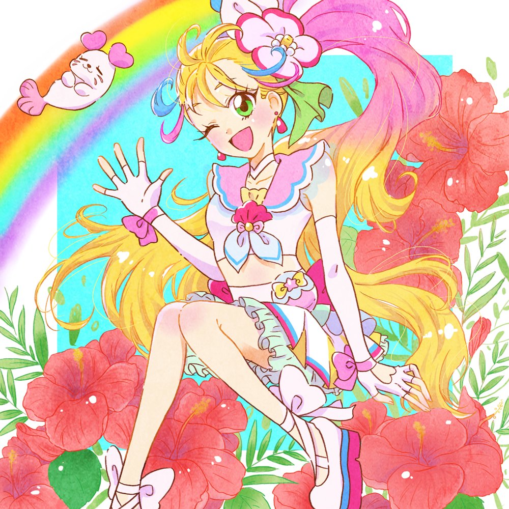1girl blonde_hair blush bow choker commentary_request cure_summer earrings fingerless_gloves flower gloves green_eyes hair_flower hair_ornament hoppetoonaka3 jewelry kururun_(precure) long_hair looking_at_viewer magical_girl midriff multicolored_hair natsuumi_manatsu open_mouth pink_hair precure rainbow side_ponytail skirt smile tropical-rouge!_precure white_gloves