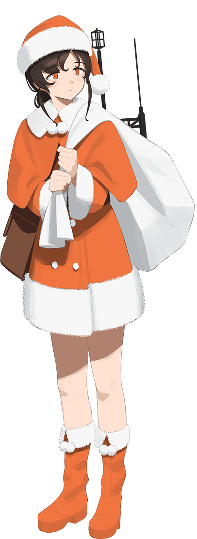 1girl bag boots braid brown_hair commentary_request dirty dirty_face dress full_body fur-trimmed_boots fur-trimmed_dress fur-trimmed_headwear fur_trim hat kantai_collection long_hair looking_to_the_side machinery messenger_bag official_alternate_costume official_art orange_dress orange_eyes orange_footwear orange_headwear sack santa_costume santa_hat shibafu_(glock23) shoulder_bag single_braid solo souya_(kancolle) third-party_source transparent_background