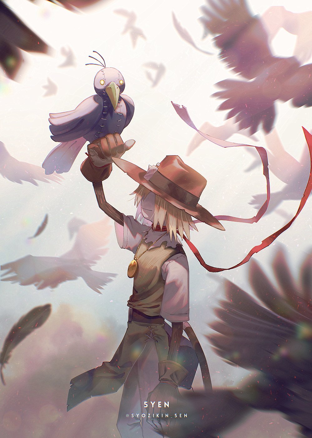 1boy 5-en arm_up artist_name belt bird blonde_hair brown_belt brown_gloves brown_headwear cowboy_hat crow digimon digimon_(creature) falling_feathers gloves gold_necklace green_tunic grey_pants hat highres jewelry medium_hair necklace nohemon pants red_scarf scarecrow scarf shirt short_sleeves solo stuffed_animal stuffed_bird stuffed_toy watermark white_shirt wings