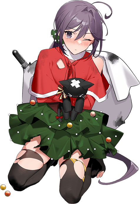 1girl akebono_(kancolle) capelet christmas doll drew_(drew213g) full_body hat kantai_collection long_hair looking_at_viewer official_art one_eye_closed sack seiza side_ponytail sitting skate solo stuffed_animal stuffed_cat stuffed_toy thigh-highs transparent_background very_long_hair