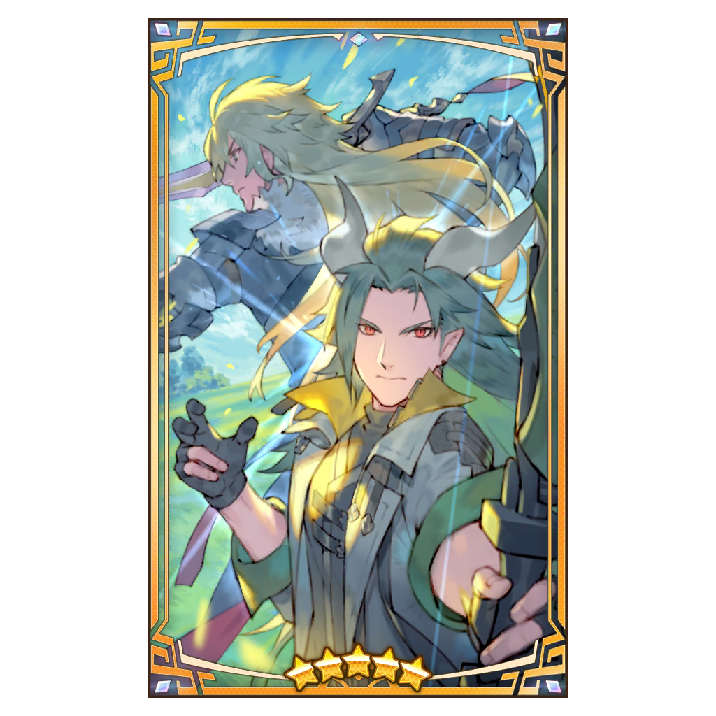 2boys alberius_(dragalia_lost) blonde_hair blue_sky bow_(weapon) clouds cloudy_sky dragalia_lost dragon_boy dragon_horns gloves grass green_eyes green_hair holding holding_bow_(weapon) holding_sword holding_weapon horns humanoid_midgardsormr_(dragalia_lost) incoming_attack looking_at_viewer looking_to_the_side male_focus multiple_boys partially_fingerless_gloves pointy_ears red_eyes sky star_(symbol) sword tree weapon zhuzi