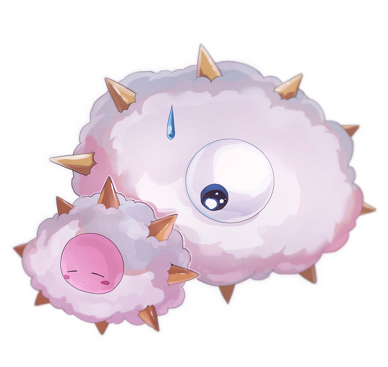 :o blush blush_stickers chiimako closed_eyes closed_mouth clouds commentary_request cosplay costume kirby kirby_(series) kracko kracko_(cosplay) looking_at_another one-eyed simple_background spikes sweatdrop white_background