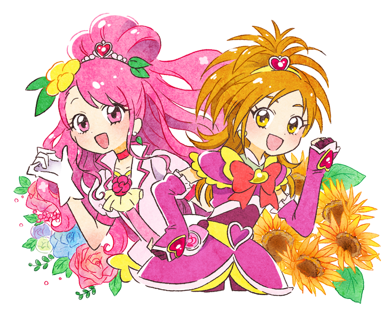 2girls :d bow brooch choker commentary_request cure_bloom cure_grace earrings eyelashes flower futari_wa_precure_splash_star gloves hair_flower hair_ornament half_updo hanadera_nodoka hand_up healin'_good_precure heart heart_brooch heart_hair_ornament hoppetoonaka3 hyuuga_saki jewelry long_hair looking_at_viewer magical_girl multiple_girls open_mouth orange_hair pink_choker pink_eyes pink_hair precure puffy_sleeves ribbon short_sleeves smile white_gloves wide_ponytail yellow_eyes