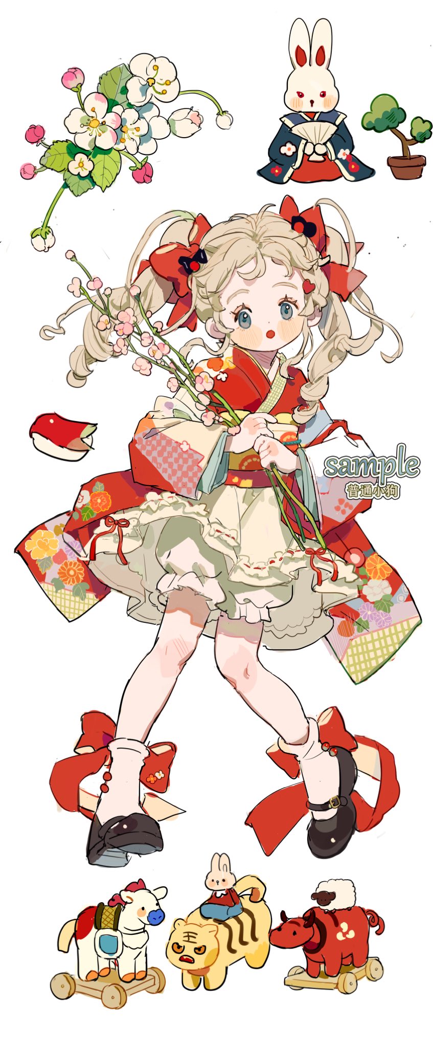 1girl ankle_socks artist_name belt_buckle black_footwear blonde_hair bloomers blue_eyes blue_kimono blush_stickers bonsai bow bow_legwear buckle bud bull cherry_blossoms commentary commission english_commentary eyelashes eyeshadow floral_print flower folding_fan full_body hair_bow hand_fan highres holding holding_fan holding_flower horse japanese_clothes kimono leaf long_hair long_sleeves looking_at_viewer makeup mary_janes miniskirt open_mouth original pink_eyeshadow pink_flower plant potted_plant putong_xiao_gou rabbit red_bow red_kimono ribbon-trimmed_skirt ribbon_trim sample_watermark sash sheep shoes simple_background skirt socks solo tiger toy twintails watermark white_background white_bloomers white_flower white_skirt white_socks wide_sleeves yellow_sash