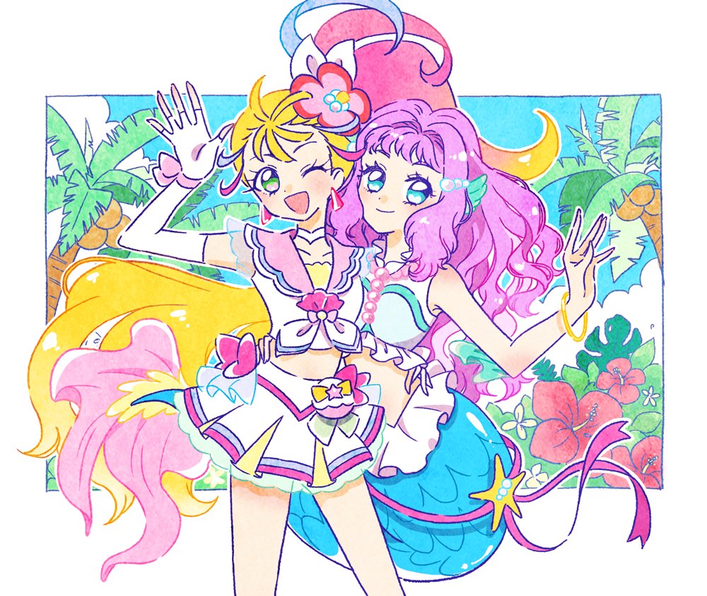 2girls blonde_hair blue_eyes bow bow_skirt choker commentary_request cure_summer day earrings flower glove_bow gloves green_eyes hair_flower hair_ornament hoppetoonaka3 jewelry laura_la_mer long_hair looking_at_viewer magical_girl mermaid midriff monster_girl multicolored_eyes multicolored_hair multiple_girls natsuumi_manatsu open_mouth outdoors palm_tree pearl_hair_ornament pink_hair precure shell_brooch side_ponytail skirt smile thick_eyelashes tree triangle_earrings tropical-rouge!_precure very_long_hair white_choker white_gloves wrist_bow