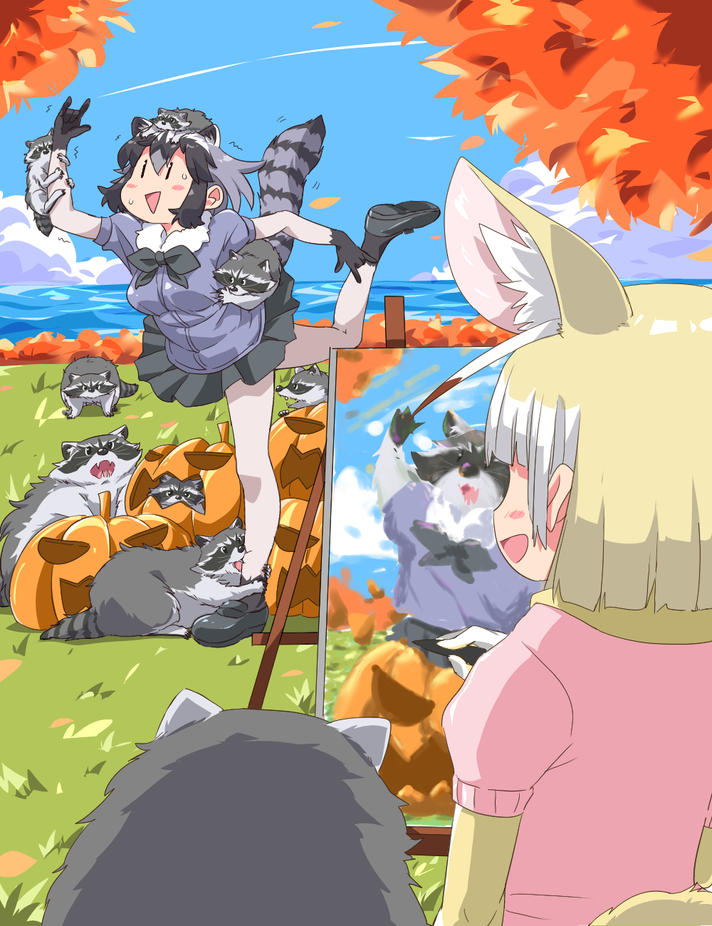 2girls \n/ animal animal_ear_fluff animal_ears arms_up autumn autumn_leaves biting black_hair blonde_hair blush blush_stickers bodystocking canvas_(object) common_raccoon_(kemono_friends) creature_and_personification day easel extra_ears fennec_(kemono_friends) fox_ears grey_hair hair_between_eyes highres jack-o'-lantern kemono_friends leaning_forward looking_at_another looking_up medium_hair miniskirt modeling multicolored_hair multiple_girls open_mouth outdoors painting_(action) pumpkin raccoon raccoon_ears raccoon_girl raccoon_tail shirt shoes short_sleeves skirt smile standing standing_on_one_leg tail trembling umikaze_shuu white_hair |_|