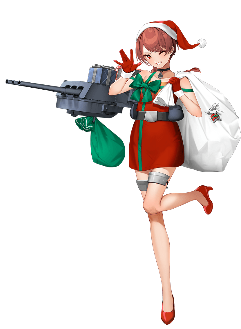 1girl box braid breasts christmas dress full_body fur-trimmed_headwear fur_trim gift gift_box gloves hat holding holding_sack hoshiakari_(c2_kikan) kantai_collection large_breasts long_hair looking_at_viewer machinery nevada_(kancolle) official_art red_eyes red_gloves redhead sack santa_costume santa_hat single_braid smile solo transparent_background turret