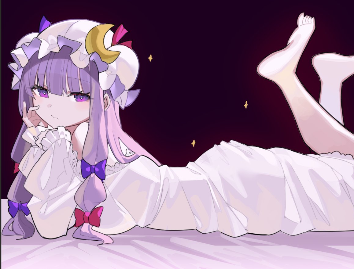 1girl barefoot black_background closed_mouth commentary_request crescent crescent_hat_ornament dress falken_(yutozin) from_side hat hat_ornament long_hair looking_at_viewer lying mob_cap on_stomach patchouli_knowledge purple_hair sidelocks simple_background solo the_pose touhou violet_eyes white_dress white_headwear