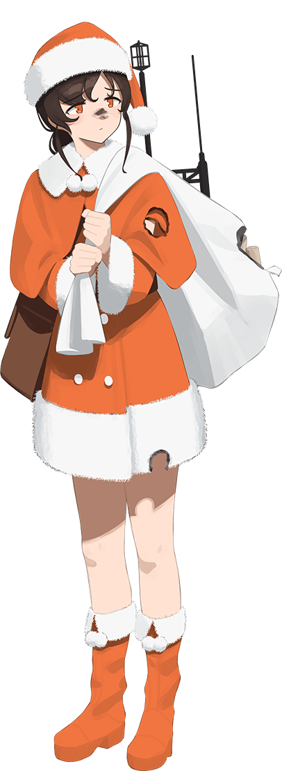 1girl bag boots braid brown_hair burnt_clothes commentary_request dirty dirty_face dress full_body fur-trimmed_boots fur-trimmed_dress fur-trimmed_headwear fur_trim hat kantai_collection long_hair looking_to_the_side machinery messenger_bag official_alternate_costume official_art orange_dress orange_eyes orange_footwear orange_headwear sack santa_costume santa_hat shibafu_(glock23) shoulder_bag single_braid solo souya_(kancolle) third-party_source transparent_background