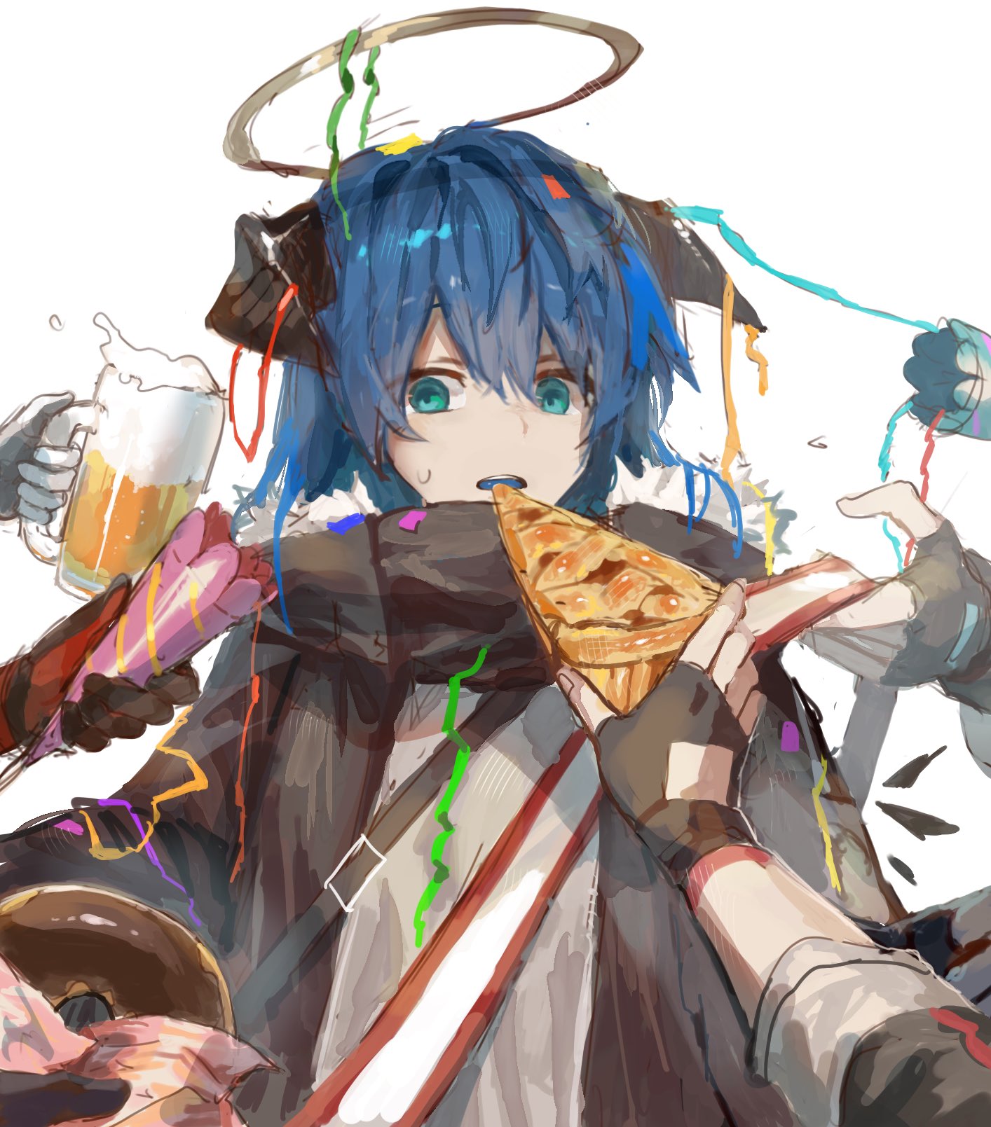 apple_pie arknights beer_mug birthday black_coat black_gloves blue_eyes blue_hair blue_tongue character_request coat colored_tongue croissant_(arknights) cup dark_halo demon_horns doughnut exusiai_(arknights) fiammetta_(arknights) fingerless_gloves food fur-trimmed_hood fur_trim gloves hair_between_eyes halo highres holding holding_cup hood hood_down hooded_coat horns long_hair long_sleeves mostima_(arknights) mug mutomorokoshi open_mouth party party_popper penguin_logistics_(arknights) pie presenting red_gloves short_sleeves simple_background solo_focus sweatdrop texas_(arknights) upper_body white_background