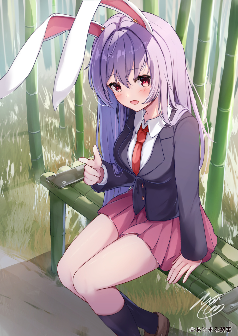 1girl animal_ears bamboo bamboo_forest black_jacket black_socks blazer blush breasts brown_footwear collared_shirt forest hair_between_eyes highres index_finger_raised jacket long_hair long_sleeves medium_breasts nature necktie niko_kusa open_mouth pink_skirt pleated_skirt purple_hair rabbit_ears red_eyes red_necktie reisen_udongein_inaba shirt shoes sitting skirt smile socks solo touhou white_shirt