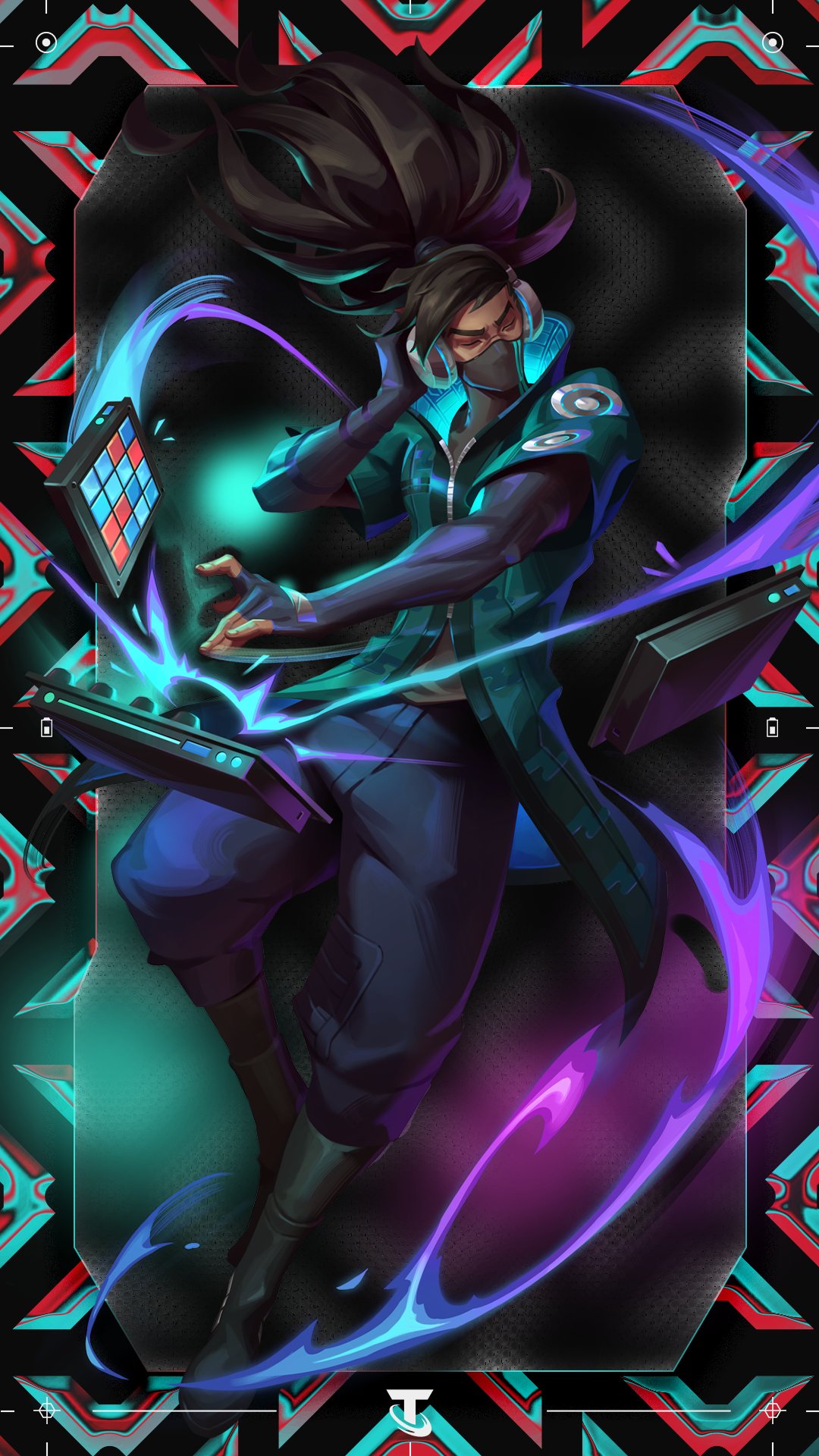 1boy black_footwear black_hair black_pants boots closed_eyes english_commentary fingernails full_body headphones high_ponytail highres league_of_legends long_hair male_focus mask mouth_mask music official_alternate_costume official_alternate_hairstyle official_art pants ponytail solo teamfight_tactics true_damage_yasuo yasuo_(league_of_legends)