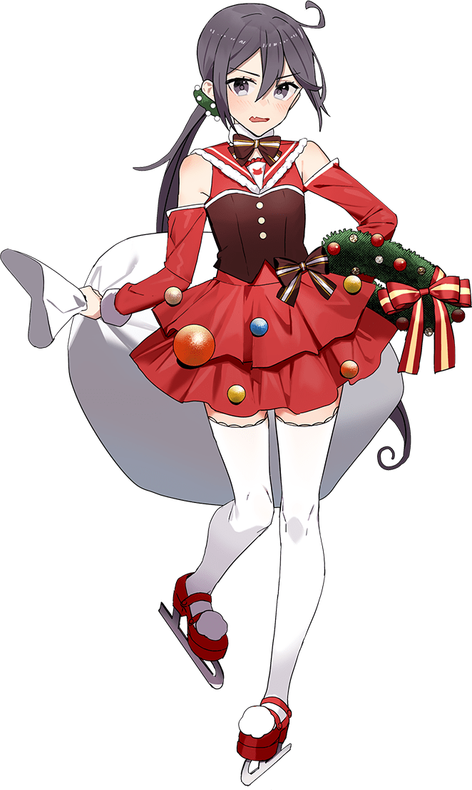 1girl akebono_(kancolle) christmas dress drew_(drew213g) full_body kantai_collection long_hair looking_at_viewer official_art open_mouth red_dress red_skirt sack side_ponytail skate skirt solo thigh-highs transparent_background very_long_hair