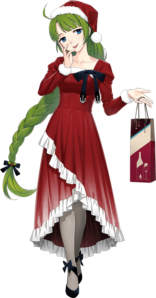 1girl ahoge bag blue_eyes braid dress fujikawa full_body fur-trimmed_headwear fur_trim green_hair grey_pantyhose hand_on_own_face hat kantai_collection long_hair mole mole_under_mouth official_alternate_costume official_art pantyhose red_dress santa_hat shopping_bag single_braid solo third-party_source tongue tongue_out transparent_background very_long_hair yuugumo_(kancolle)