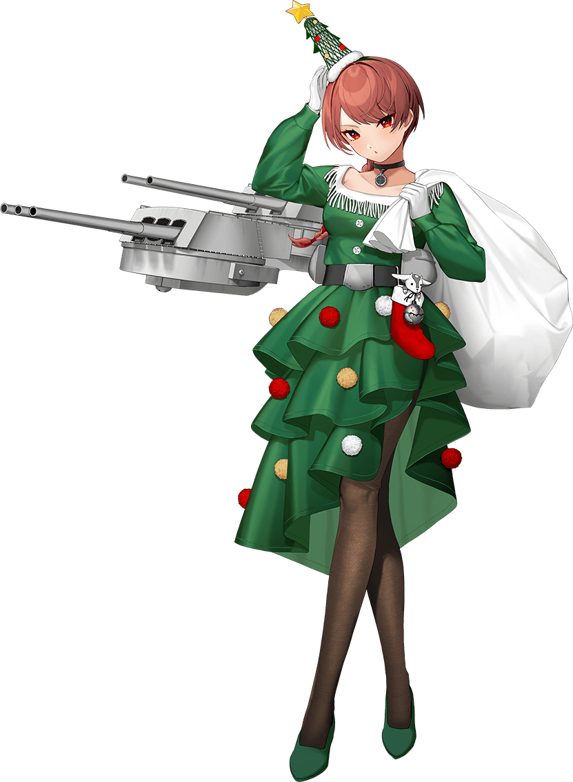 1girl braid breasts christmas christmas_tree_costume christmas_tree_hat dress full_body green_dress hoshiakari_(c2_kikan) kantai_collection large_breasts long_hair looking_at_viewer nevada_(kancolle) official_art pantyhose red_eyes redhead sack solo transparent_background turret