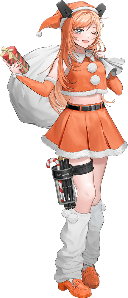 1girl blue_eyes breasts christmas dress fur-trimmed_dress fur-trimmed_headwear fur-trimmed_skirt fur_trim gift gloves hat headgear holding holding_sack kantai_collection kiddy_(c2_kikan) long_hair looking_at_viewer medium_breasts orange_hair orange_headwear orange_skirt sack salmon_(kancolle) santa_costume santa_dress santa_gloves santa_hat skirt smile solo transparent_background