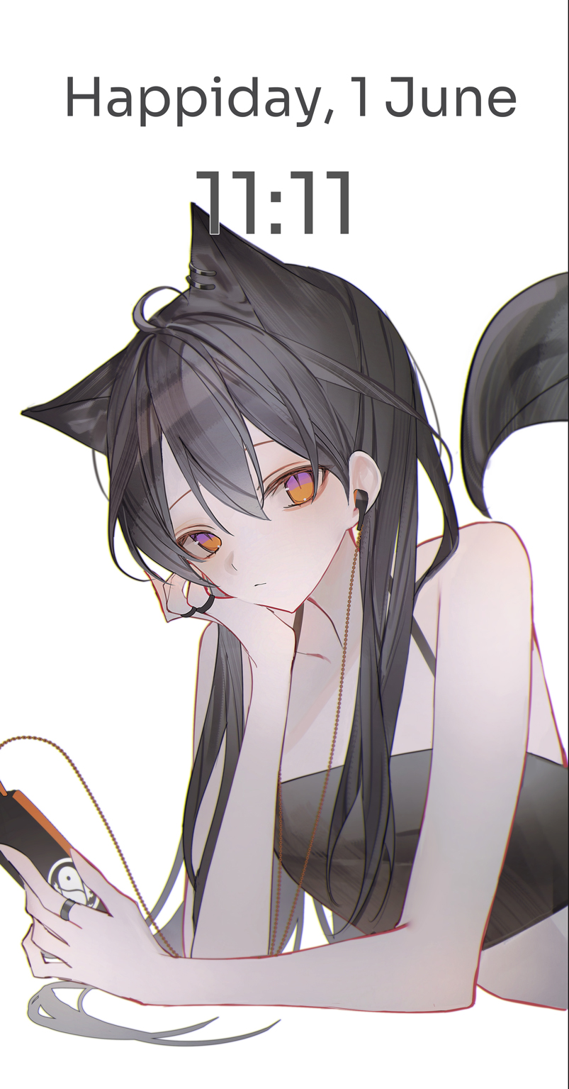 0_(znanimo) 1girl ahoge alternate_costume animal_ear_piercing animal_ears arched_back arknights arm_rest arm_support bare_arms bare_shoulders black_hair black_shirt breasts cellphone closed_mouth collarbone commentary crop_top cropped_shirt double-parted_bangs earphones earphones english_text expressionless extra_ears from_side hair_between_eyes hair_spread_out halterneck hand_on_own_cheek hand_on_own_face hand_up head_rest highres holding holding_phone invisible_floor jewelry listening long_hair looking_at_viewer lying multiple_rings on_stomach orange_eyes parted_bangs phone piercing ring shade shadow shirt sideways_glance simple_background sleeveless smartphone solo straight_hair symbol-only_commentary tail texas_(arknights) timestamp upper_body very_long_hair white_background wire wolf_ears wolf_tail