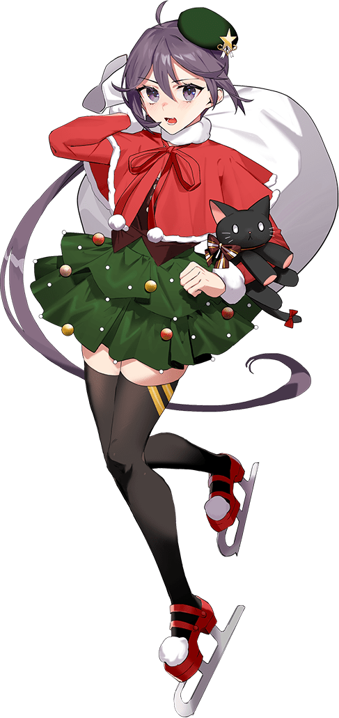 1girl akebono_(kancolle) capelet christmas doll drew_(drew213g) full_body hat kantai_collection long_hair looking_at_viewer official_art open_mouth sack side_ponytail skate solo stuffed_animal stuffed_cat stuffed_toy thigh-highs transparent_background very_long_hair