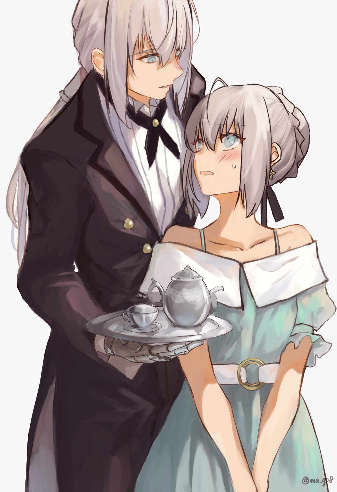 1boy 1girl ahoge bedivere_(fate) black_suit blue_dress blush dress fate/grand_order fate_(series) gray_(fate) hair_bun highres holding holding_tray long_hair maru_(ma-ru8) own_hands_together suit tea_set tray twitter_username