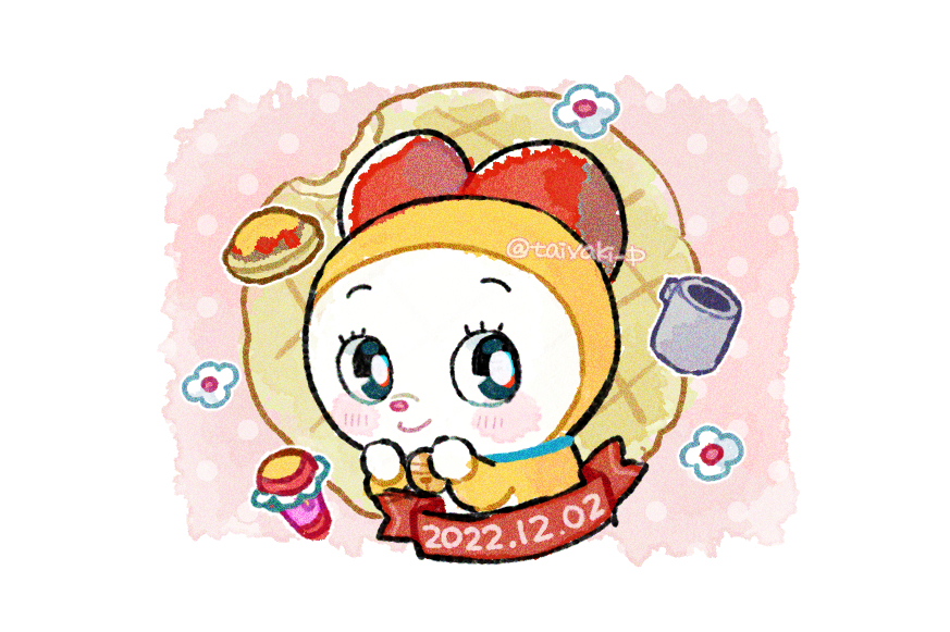 animal_collar bell black_eyes blush_stickers border bow bright_pupils cat closed_mouth collar cup dated doradorakingyo doraemon dorami eyelashes flower food looking_to_the_side mug neck_bell no_humans omelet red_bow smile solo twitter_username wand white_border white_flower white_pupils