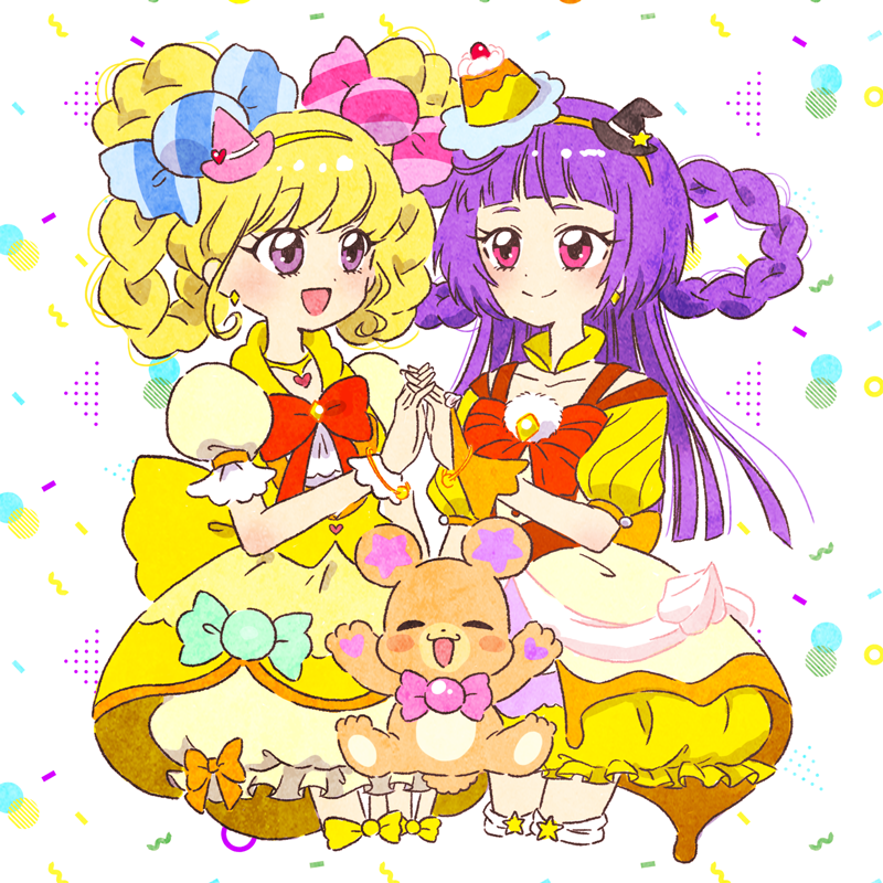 2girls :d asahina_mirai blonde_hair bow candy_hair_ornament commentary_request cure_magical cure_miracle diamond-shaped_brooch dress earrings folded_braid food-themed_hair_ornament hair_ornament hat holding_hands hoppetoonaka3 izayoi_liko jewelry long_hair looking_at_another magical_girl mahou_girls_precure! mini_hat mini_witch_hat mofurun_(mahou_girls_precure!) multiple_girls open_mouth pink_eyes pink_headwear precure purple_hair simple_background skirt smile violet_eyes witch_hat