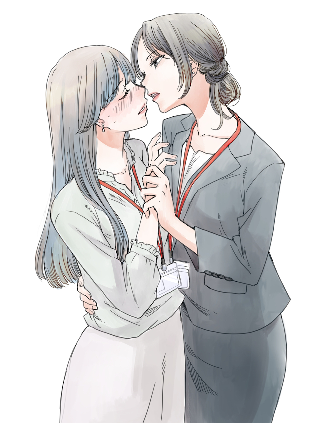 2girls akiyama_haru blush closed_eyes ear_piercing hand_on_another's_waist highres holding_another's_wrist imminent_kiss looking_at_another multiple_girls office_lady original parted_lips piercing simple_background yuri
