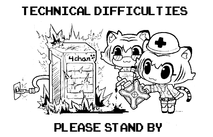 4chan animal_ear_fluff animal_ears belt burning commentary english_text fork glasses holding holding_pencil inawon jerry_can long_sleeves pencil pouring server shirt symbol-only_commentary tail technical_difficulties_screen tiger_girl