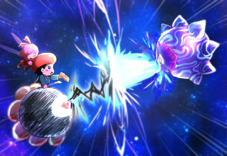 1other 2girls adeleine battle beret black_hair blue_eyes blush blush_stickers chiimako closed_eyes collared_shirt commentary_request dark_matter dress energy energy_beam eye_beam fairy fairy_wings green_shirt hair_between_eyes hair_ribbon hat holding holding_paintbrush holding_palette kirby:_star_allies kirby_(series) long_sleeves looking_at_another multiple_girls one-eyed open_mouth outstretched_arm paintbrush palette_(object) parted_bangs pink_hair red_dress red_eyes red_headwear red_ribbon ribbon ribbon_(kirby) riding shirt short_hair space v-shaped_eyebrows void_termina wings