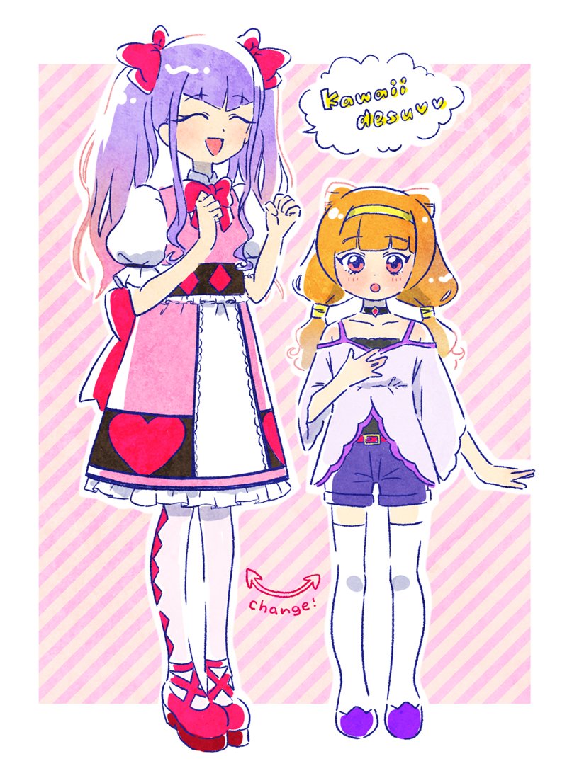 2girls :o aisaki_emiru blush bow choker closed_eyes commentary_request cone_hair_bun cosplay costume_switch english_text hair_bun hairband hoppetoonaka3 hugtto!_precure layered_skirt long_hair magical_girl multiple_girls open_mouth orange_hair pink_eyes precure purple_hair romaji_text ruru_amour shirt shorts simple_background skirt smile thigh-highs twintails white_thighhighs yellow_hairband