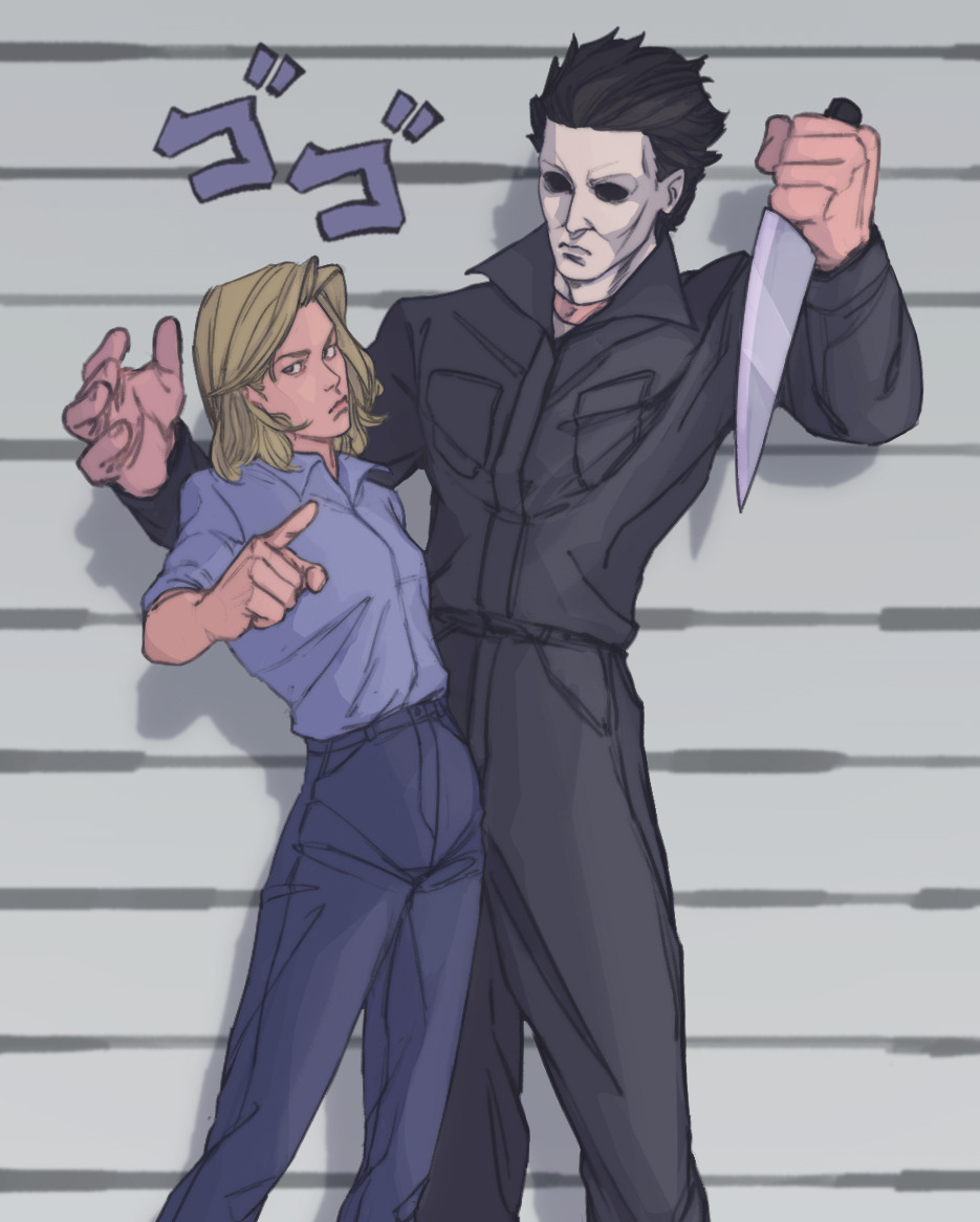 1boy 1girl black_hair black_jumpsuit blonde_hair breasts cincidious commentary dead_by_daylight english_commentary frown halloween_(movie) holding holding_knife jojo_no_kimyou_na_bouken jojo_pose jumping jumpsuit knife kujo_jotaro's_pose_(jojo) laurie_strode mask menacing_(jojo) michael_myers pointing pointing_at_viewer reverse_grip small_breasts