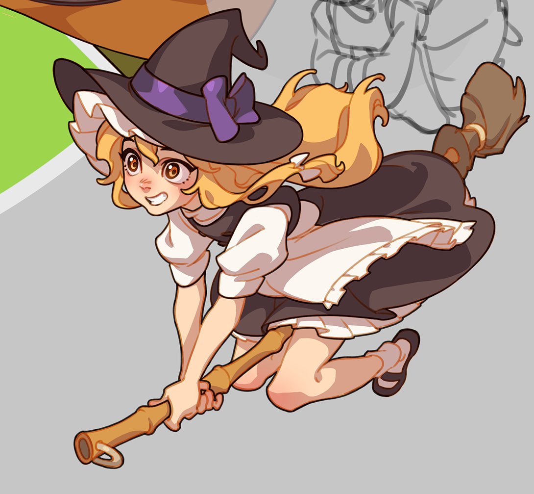 1girl apron black_dress blonde_hair bow broom broom_riding dress floating_hair flying grin hair_bow hat holding holding_broom kirisame_marisa long_hair mary_janes pinafore_dress purple_bow shoes short_sleeves sleeveless sleeveless_dress smile socks soemy solo touhou white_socks wind wind_lift witch_hat yellow_eyes