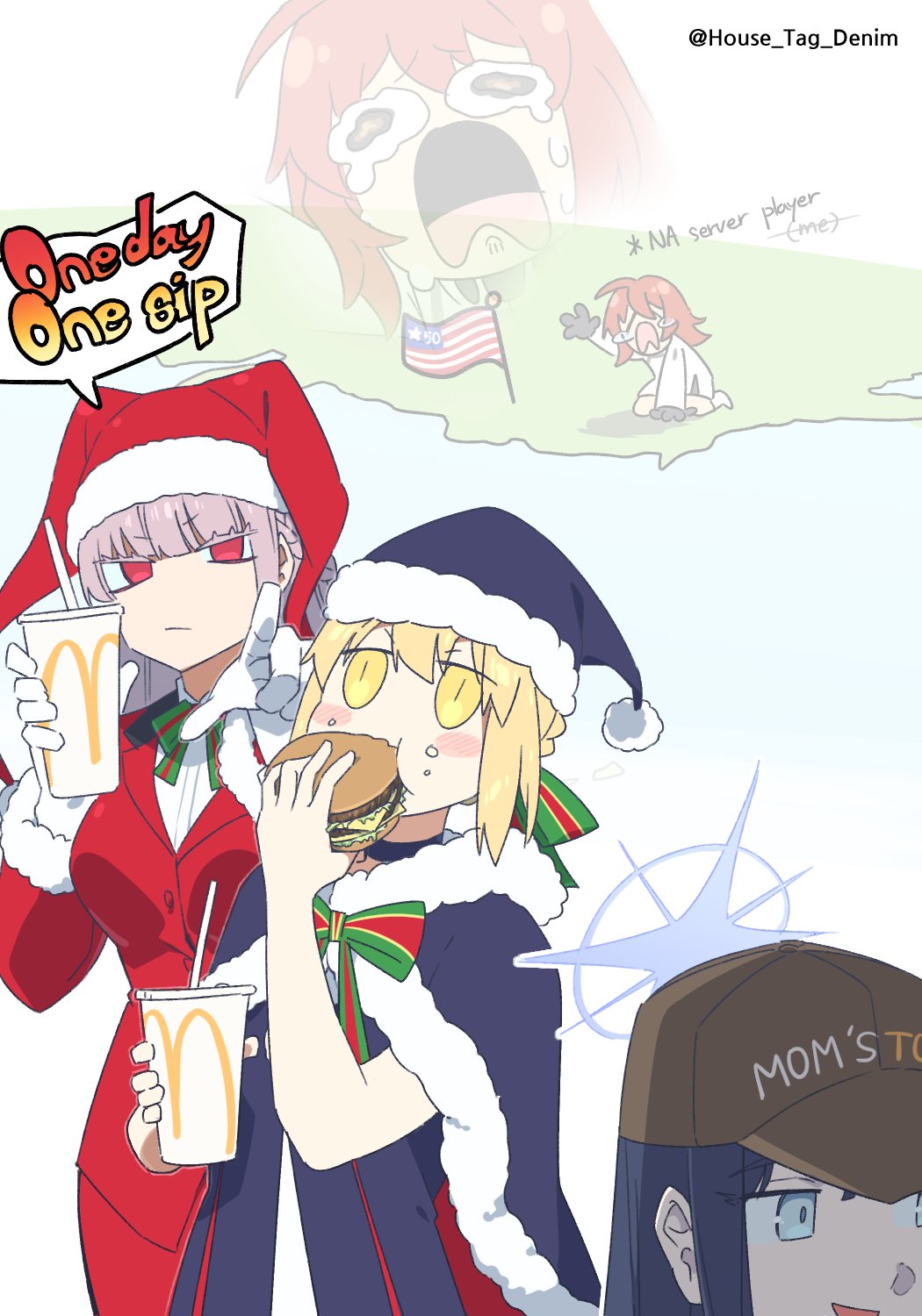 ahoge american_flag artoria_pendragon_(fate) baseball_cap black_gloves black_hair black_santa_costume blonde_hair blue_archive blue_eyes blush braid breasts burger cape christmas costume_combination cup disposable_cup dress drinking_straw eating fate/grand_order fate_(series) florence_nightingale_(fate) florence_nightingale_(santa)_(fate) food fujimaru_ritsuka_(female) fujimaru_ritsuka_(female)_(decisive_battle_chaldea_uniform) fur-trimmed_cape fur-trimmed_headwear fur_trim gloves halo hat highres holding house_tag_denim jacket large_breasts long_hair long_sleeves looking_at_viewer mcdonald's multiple_girls no_mask official_alternate_costume orange_eyes orange_hair pink_hair red_eyes red_headwear ribbon saber_alter santa_alter santa_costume santa_hat saori_(blue_archive) short_hair solo striped striped_ribbon united_states white_dress white_gloves white_jacket yellow_eyes