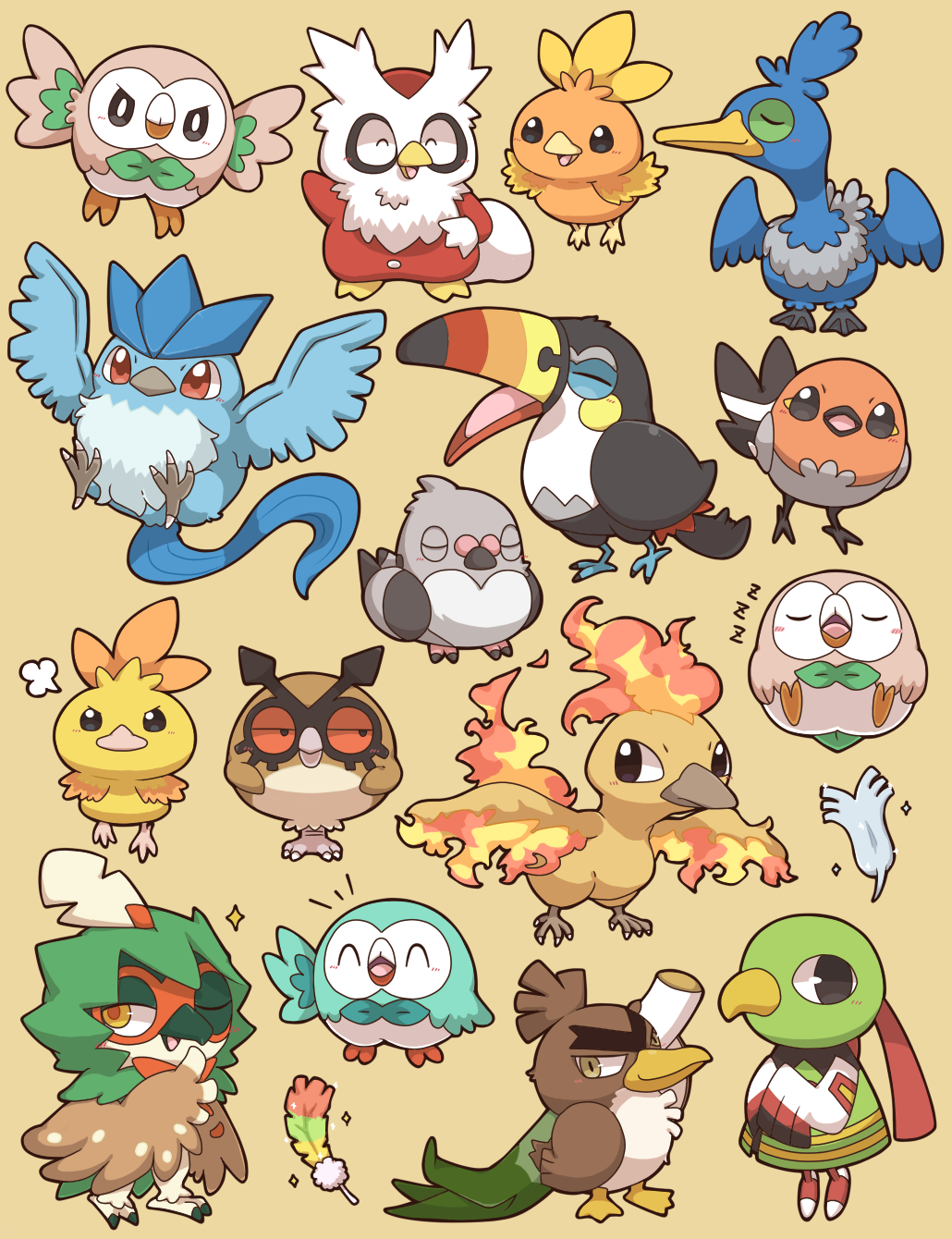 2027_(submarine2027) :d =3 ^_^ alternate_color arm_up arms_up articuno bird black_eyes blush bright_pupils brown_background brown_eyes chibi closed_eyes closed_mouth colored_sclera commentary_request cramorant decidueye delibird feathers fire fletchling flying galarian_farfetch'd highres hoothoot jitome looking_at_viewer looking_to_the_side moltres no_humans notice_lines one_eye_closed open_mouth pidove pokemon pokemon_(creature) rainbow_feather_(pokemon) red_eyes red_sclera rowlet shiny_pokemon sideways_glance silver_feather_(pokemon) simple_background sleeping smile smirk sparkle spring_onion talons tongue torchic toucannon v-shaped_eyebrows webbed_feet white_pupils xatu yellow_eyes zzz