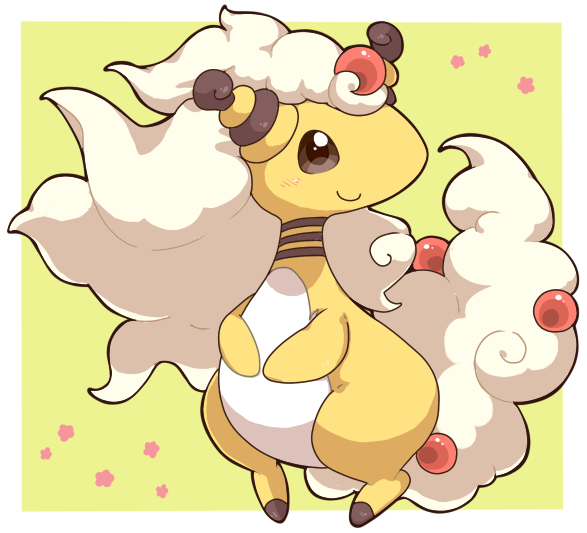 2027_(submarine2027) ampharos blush border brown_eyes closed_mouth commentary_request flower_(symbol) green_background looking_at_viewer looking_to_the_side mega_ampharos mega_pokemon no_humans outside_border pokemon pokemon_(creature) simple_background smile solo white_border
