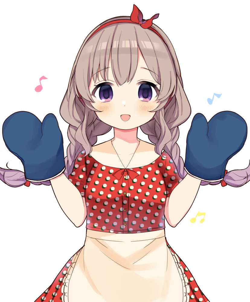 1girl alternate_hairstyle apron blush bow braid breasts caracorn collarbone dot_nose dress frilled_apron frills grey_hair hair_bow hair_ribbon hairband hands_up idolmaster idolmaster_shiny_colors long_hair looking_at_viewer medium_breasts musical_note open_mouth oven_mitts polka_dot polka_dot_dress red_dress red_hairband red_ribbon ribbon simple_background smile solo twin_braids violet_eyes waist_apron white_background yellow_apron yukoku_kiriko
